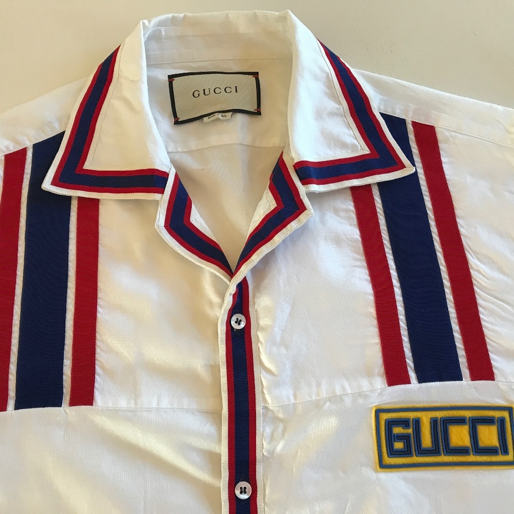 GUCCI WHITE RETRO VIBES LOGO PATCH BOWLING SHIRT - Picture 15 of 15